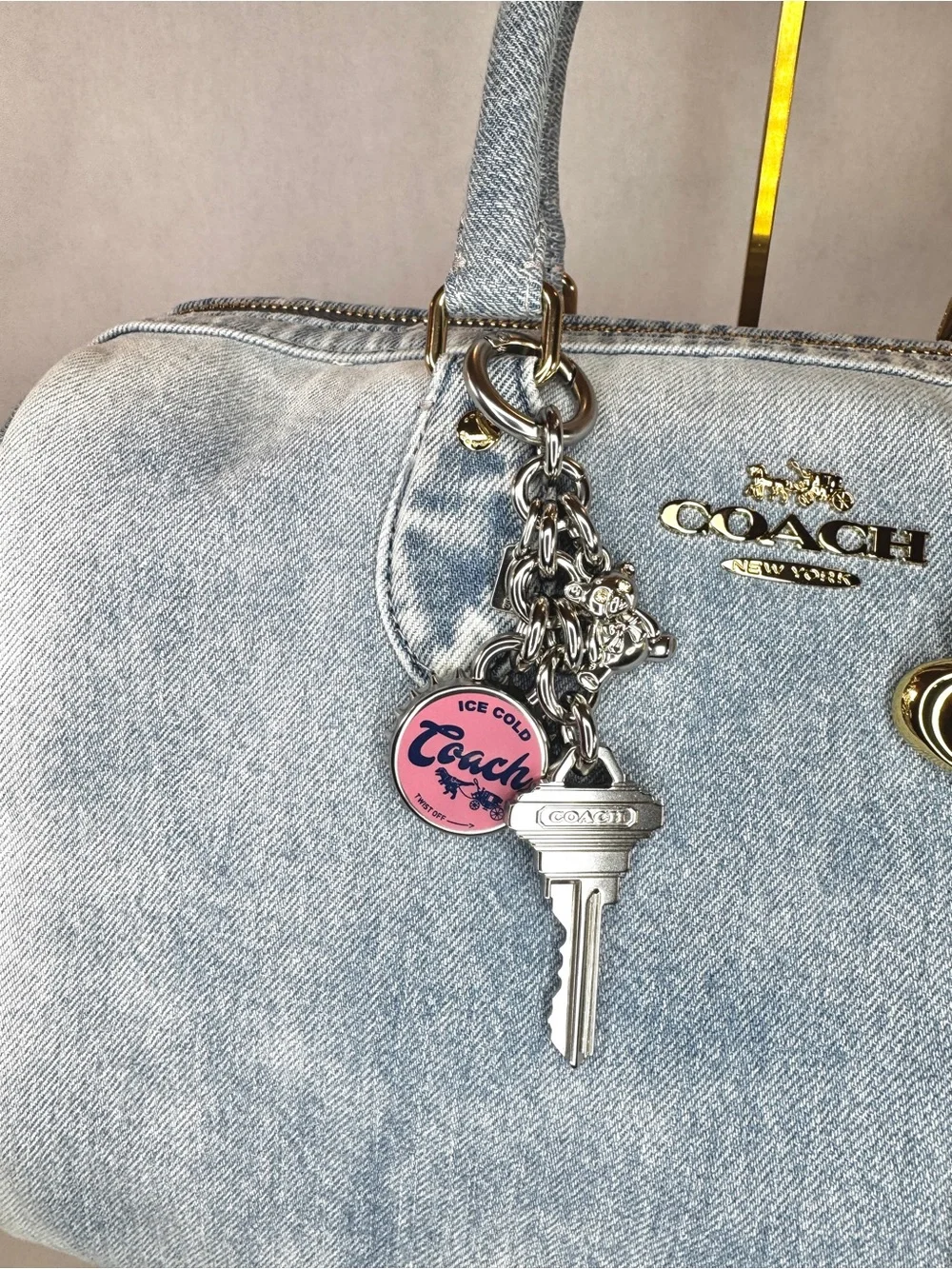 NWT Coach Rowan Large Satchel Bag in Loved Denim with Charms CDY75 Light Indigo